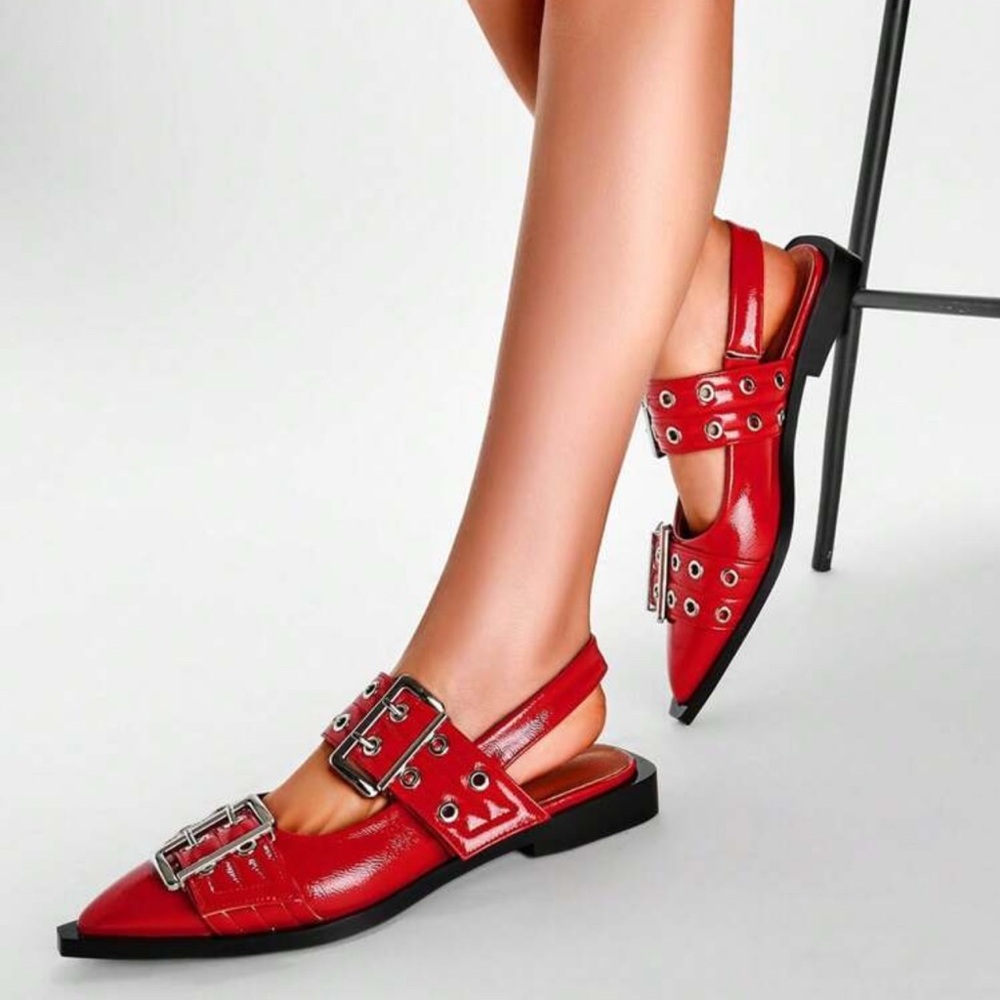 Red Buckle Strap Women Flats!